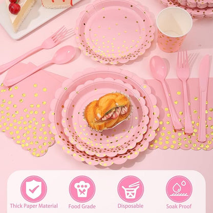 175 Pink Rose Gold Plates Napkins Party Decorations, Pink and Gold Disposable Party Supplies, Plastic Forks Knives Spoons Rose, Golden Dot Paper 9 Inch for Baby Shower Birthday, Severs 25