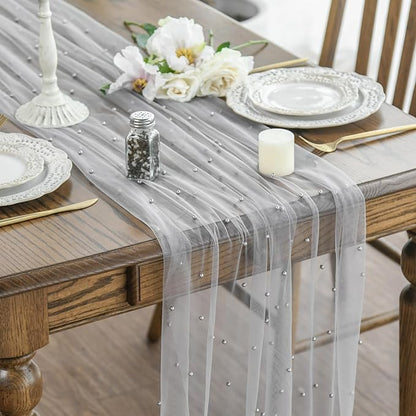 Artoid Mode Pearl Grey Gauze Table Runner 120 Inch 10FT, Seasonal Sheer Dining Holiday Wedding Birthday Baby Shower Table Decor for Home Party