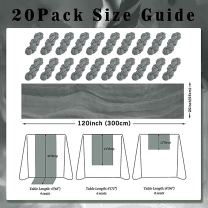 20 Pack Gray 10FT Cheesecloth Table Runner Rustic Gauze Fabric Cheese Cloth Table Runner for Wedding Bridal Baby Shower Table Decor 20 x 120 Inch Long Boho Sheer Birthday Party Table Decorations