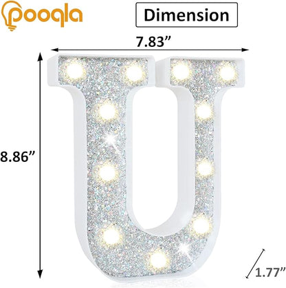 Pooqla Light Up Letters, LED Marquee Letters for Silver Birthday Decorations, Battery Powered Night Light Teenager Girl Room Decor, Gift for Girls Boys Wedding Bedroom Christmas Party Decor, Letter U