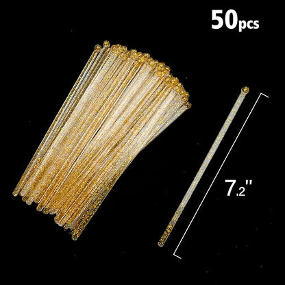 50-PCS Gold Glitter Plastic Swizzle Sticks, Crystal Cake Pops, Cocktail Coffee Drink Stirrers, Lolipop Stick for Christmas Party, 7.24 Inch