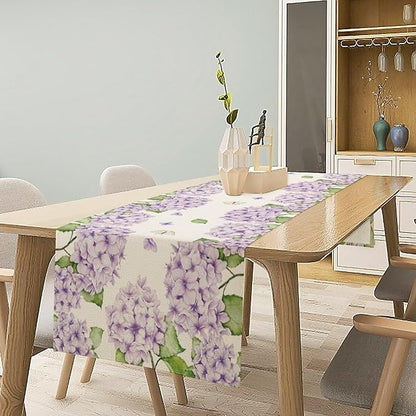 Watercolor Hydrangea Flower Table Runner, Spring Summer Seasonal Plants Butterfly Pink Lavender Dinner Runner for Home Kitchen Dining Table Party Holiday Decoration 13"x36"