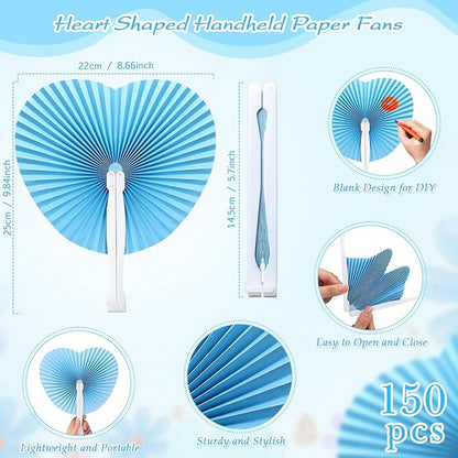 Unittype 150 Packs Wedding Paper Fans Heart Shaped Folding Handheld Fans for Wedding Decorate Guests Favor Anniversary Birthday Party Supplies Home Decor(Baby Blue)