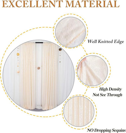ShinyBeauty Ivory Backdrop 2FTx8FT Sequin Curtains 8 Pieces Photo Backdrops Glitter Photograph Background Beige Curtain Panles for Birthday/Baby Shower/Prom Decorations