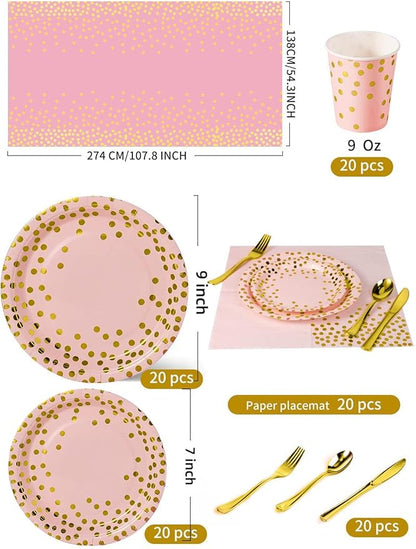 141 Pieces Pink Gold Party Supplies, Party Dinnerware Sets Include Paper Plates Napkins Cups Silverware, for Wedding Bridal Shower Engagement Birthday Parties Decoration -20 Serves