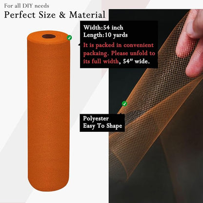 Orange Tulle Fabric Rolls 54 Inch by 10 Yards Fabric Tulle Bolt for Wedding Halloween Decorations Gift Wrapping DIY Tutu Baby Shower Table Skirt Birthday Party Craft Supplies