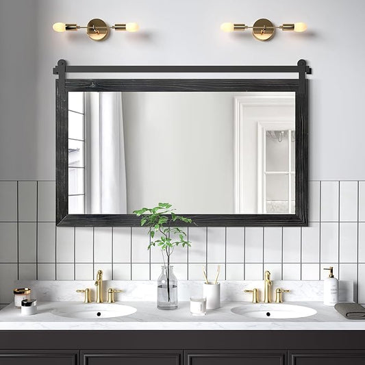 COGOOD Farmhouse Bathroom Mirror - 45 x 30 Large Rectangle Barn Door Mirror for Vanity, Bedroom, Living Room Wall Decor (Black)