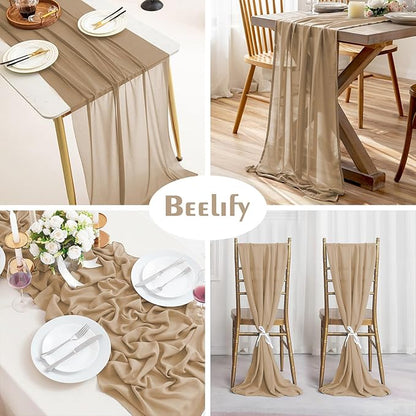 2 Pack 10 Ft Chiffon Table Runner Beige Gauze Long Table Runners 27x120 Inches Sheer Tulle Table Runner for Rustic Wedding Reception Bridal Shower Decorations Birthday Party