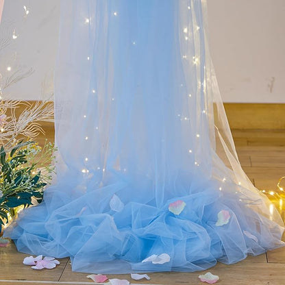 20x10ft Baby Blue Tulle Backdrop Curtains with Lights for Party Wedding Baby Shower, Sheer Wrinkle Free Backdrop Curtains for Birthday Party Photo Booth Background Decoration