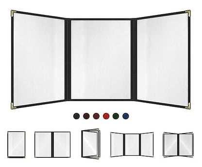 Goodsmart Restaurant Menu Covers – 25 Pack Black 6-View Trifold 8.5" x 11", Side-Loading Vinyl & Plastic Menu Holders, Clear Menu Sleeves, Leather-Style Café Covers with Gold Corners