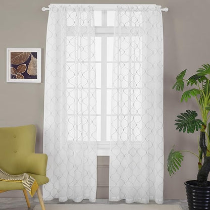 MYSTIC-HOME Embroidery White Sheer Curtains 84 Inches Long, Rod Pocket Sheer Drapes for Living Room, Bedroom, 2 Panels, 52"x84", Semi Crinkle Voile Window Treatments for Yard, Patio, Villa, Parlor.