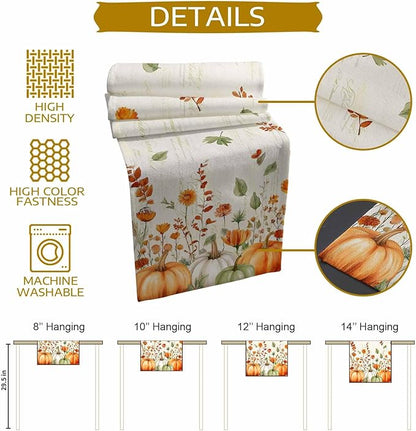 Fall Wildflowers Cotton Linen Table Runner for Dining Kitchen, Thanksgiving Pumpkin Outdoor Party Rustic Tablerunners Decoration, Botanical Floral Vintage Dresser Scarf Tablecloth Runners 13x36 Inches