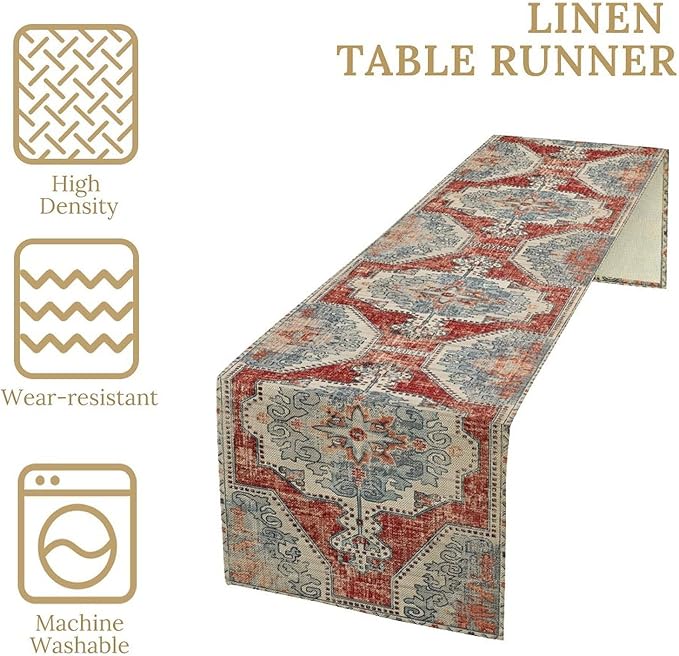 Boho Floral Vintage Table Runner, Retro Blue Red Flower Rustic Country Farmhouse Abstract Pattern for Home Kitchen Table Decor Dining Coffee Room Party Decor 13x90in