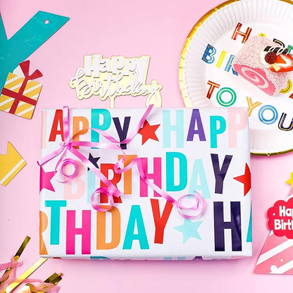 LeZakaa Reversible Stars Birthday Wrapping Paper Roll, Happy Birthday Lettering & Colorful Star, for Boys Girls, Mini Roll, 17 inches x 32.8 Feet (46.45 sq.ft.)