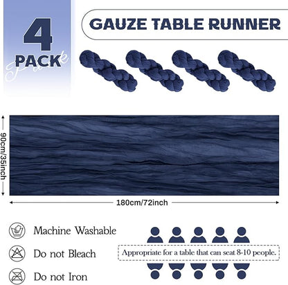Aktor 4 Pack Navy Blue Table Runner Boho Cheesecloth Table Runner Semi Sheer Gauze Fabric Runners for Wedding Birthday Baby Shower Party Boho Table Decoration（Navy Blue）