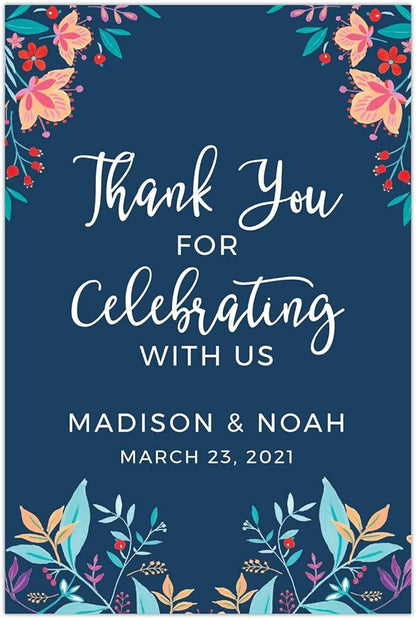 Andaz Press Personalized Extra Large Wedding Easel Board Party Sign, 12x18-inch, Vintage Bohemian Flowers on Navy Blue, Thank You for Celebrating With Us Bride Groom Name Date, 1-Pack, Custom