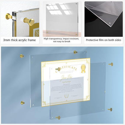 Acrylic Picture Frame for Wall, Clear Diploma Frame, No Drill Floating Frameless Photo Frame for Diploma Certificate Degree Document & Artworks Display, Graduation Gift for Students (1 Pack, 11X14 Straight edge)