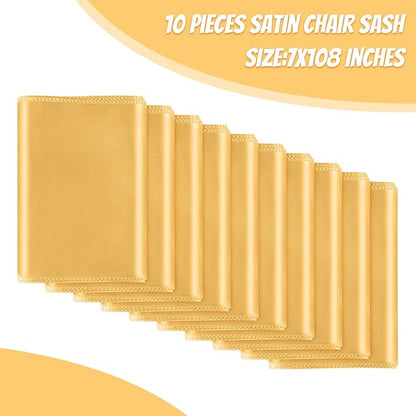 10 PCS Gold Satin Chair Sashes Bows Universal Chair Ribbon Ties Back Sash for Wedding Party Reception Events Banquets Hotel Event Chair Cover Decoration (7x108 inch)