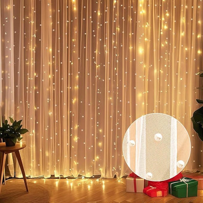 10 x 10 FT Pearl White Tulle Backdrop Curtain with Lights Strings,Wedding Background Curtain Baby Shower Birthday Parties Photo Decorations(2 Panels 5×10ft)