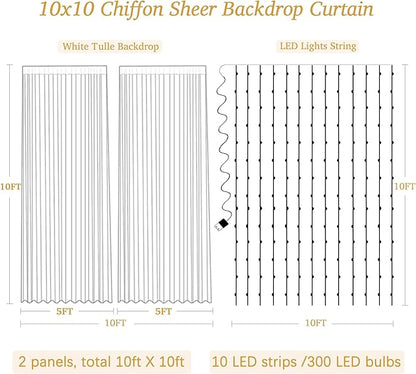 10x10ft White Sheer Backdrop Curtain with Lights String for Wedding, Fairy Light Up Curtain Backdrops for Baby Shower, Chiffon Photo Backdrop Drapes for Birthday Party Photo Shoot (5 x 10ft,2 Panels)