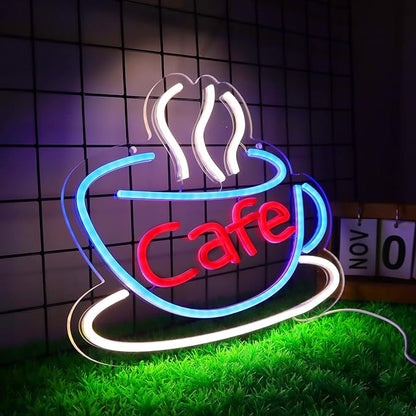 Cafe Neon Sign for Coffee Bar Pub Decor,Blue Wall Art Decoration For Restaurant Living room,Led Light of Cafe,USB Power Supply With Metal Chain.