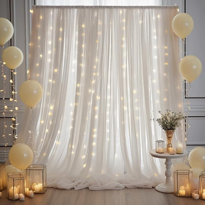 10ft x 10ft Cream White Chiffon Backdrop Curtain with Lights String for Parites Wedding Wrinkle Free Curtain Photo Backdrops Drapes for Baby Shower Birthday Party Home Decorations