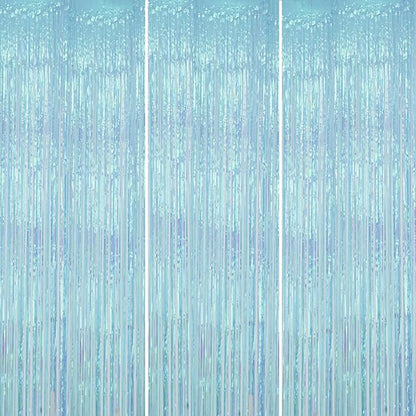 3 Pack Foil Fringe Backdrop - Transparent Blue Shiny Tinsel Curtains for Party Decoration/Photo Booth Props - 3.3x8.2FT Metallic Foil Backdrop for Birthday, Wedding, Graduation, Christmas
