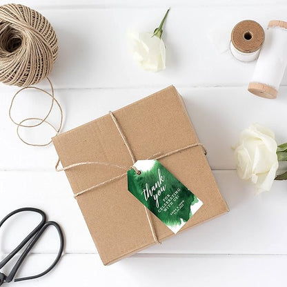 Andaz Press 100-Pack Personalized Thank You for Celebrating with Us Wedding Favor Tags with Bakers Twine Emerald Green Watercolor Custom Cardstock Wedding Gift Tags for Party Favors 2 x 3.75-Inches