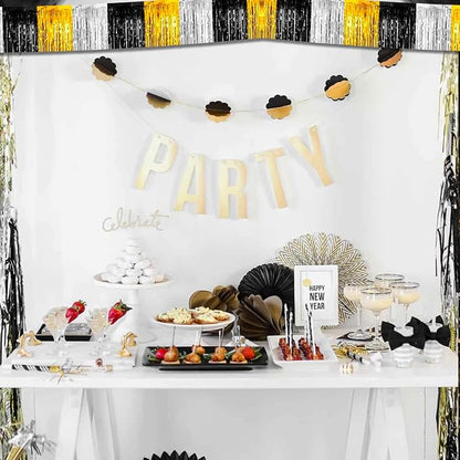 6 Pack 10 Feet Black Gold Silver Foil Fringe Garland Metallic Tinsel Streamers Banner Wall Hanging Backdrop Banner for Parade Floats, Thanksgiving, Christmas, Birthday, Halloween Party Decorations