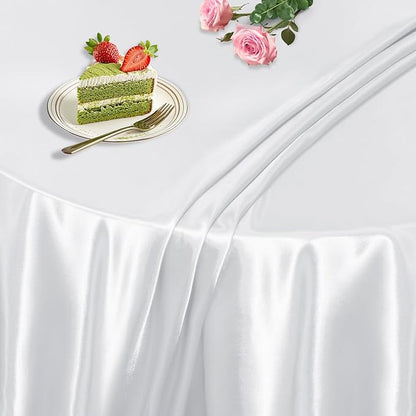 KKJIAF 1 Pack 60 Inch / 5ft Round Table Cloth, White Overlay Round Satin Table Cover, Silky Satin Dining Tablecloths for Wedding Buffet Parties Banquet Decoration