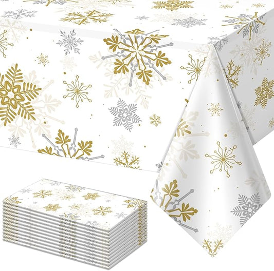 12Pcs Christmas Snowflake Party Tablecloths Decorations,Plastic White and Gold Table Cloth,Winter Rectangle Table Cover for Christmas New Year Birthday Baby Shower Holiday Party Decorations,54x108inch