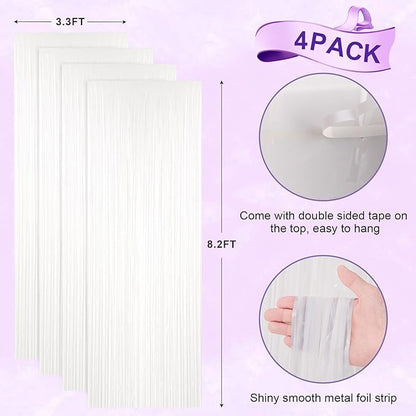 4 Pack White Foil Fringe Backdrop Curtains, Tinsel Streamers Birthday Party Decorations, Fringe Backdrop for Graduation, Baby Shower, Gender Reveal, Disco Party