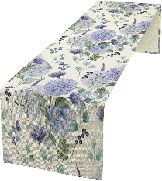 Spring Hydrangea Flower Table Runner, Seasonal Summer Plants Watercolor Eucalyptus Leaves Purple Florals Dinner Runner for Home Kitchen Dining Table Party Holiday Decoration 13"x70"