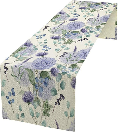Spring Hydrangea Flower Table Runner, Seasonal Summer Plants Watercolor Eucalyptus Leaves Purple Florals Dinner Runner for Home Kitchen Dining Table Party Holiday Decoration 13"x36"