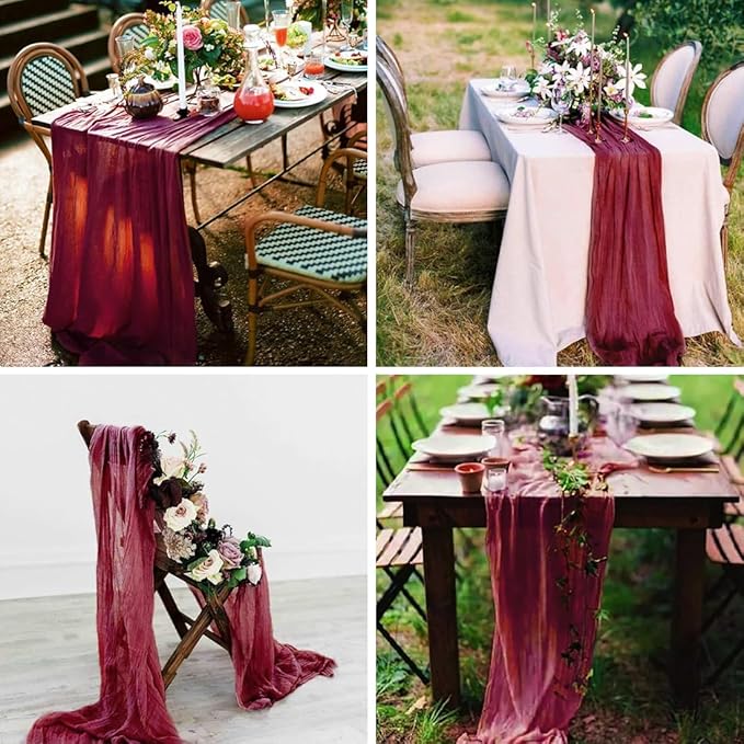 10 Pack Wine red Cheesecloth Table Runner -21*120Inch Long Boho Wedding Table Decor, Rustic Gauze Fabric Runner for Bridal Showers, Baby Showers & Parties (Sheer, Lightweight, Wrinkled Design)