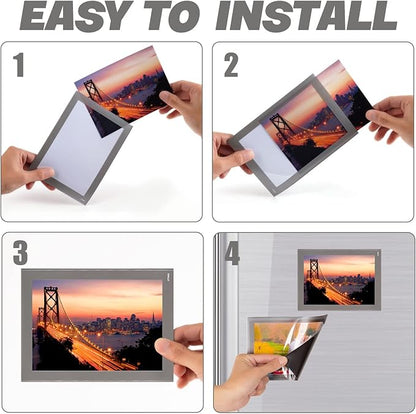 Magnetic Photo Frames with Sliver-Grey Border(4"X6",10 Pack),Magnet Picture Frame Pockets/Postcard Holder,Decorations for Fridge/Lockers/Home/Office/School/Classroom/Whiteboard/Party