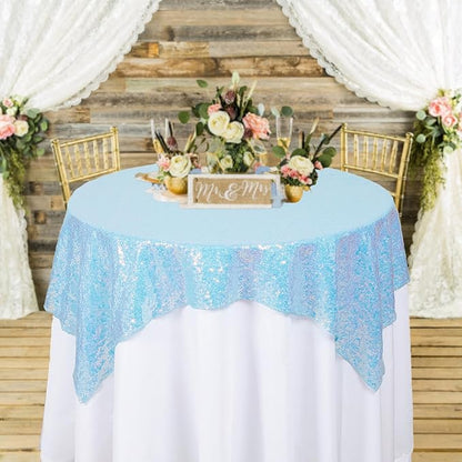 ShinyBeauty Iridescent Aqua Sequin Tablecloth Square Tablecloths Glitter Table Overlay Aqua Blue TableCover Sequin Table Cloth Small Linen for Birthday Baby Shower Decor (54”X54”)