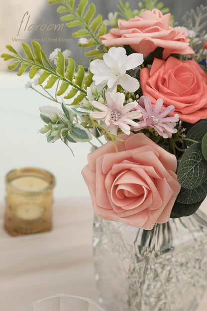 Floroom Artificial Flowers 25pcs Real Looking Coral Ombre Colors Foam Fake Roses with Stems for DIY Wedding Bouquets Bridal Shower Centerpieces Floral Arrangements Party Tables Home Decorations