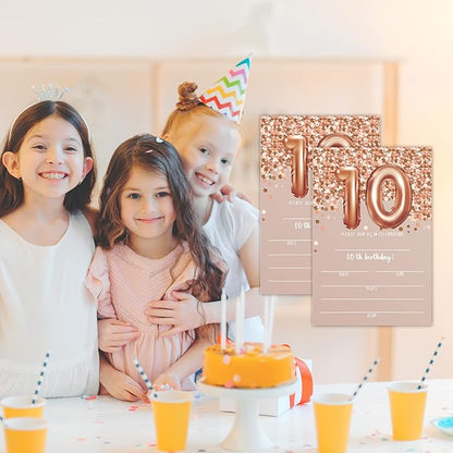 10th Birthday Invitation Cards, Rose Gold Glitter 10th Birthday Party Invites, Kids Happy Birthday Party Decorations Supplies, 20 Fill-in Cards with Envelopes for Boys or Girls Party Celebration-C02