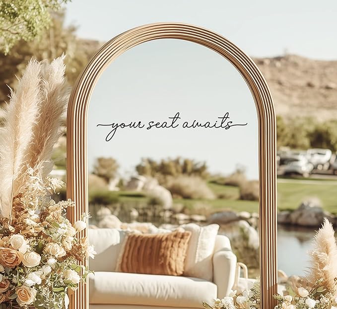 Your Seat Awaits Vinyl Decal, Wedding Seating Sticker, Mirror Decal for Seating, Please Find Your Seat Signs, Wedding Decor Sign (Black, Width 17")
