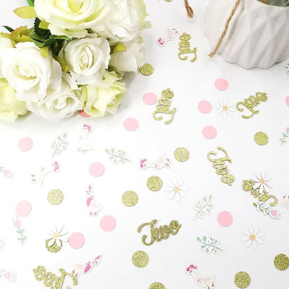 220PCS Two Silly Goose Birthday Decorations for Girl, Goose Dot Leaves Flower 2nd Birthday Confetti for Pink and Gold 2 Year Old Bday Decor