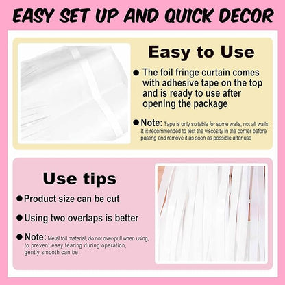 6 Pack Macaron White Foil Fringe Curtains Backdrop, 3.28 x 8.2 Ft Metallic Streamers Tinsel Curtains Background for Photo Booth, Birthday, Weddings, Carnivals, Graduation, Themed Party Decorations
