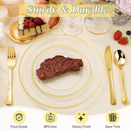 200PCS Clear Gold Plastic Plates Set, 100 10.25 inch Dinner Plates and 100 7.5 inch Dessert Plates, Disposable Plates for Party, Wedding