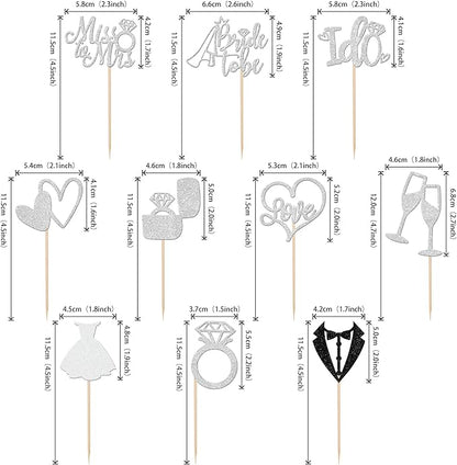 30 PCS Bride to Be Cupcake Toppers Glitter Wedding Cupcake Decorations I Do Love Heart Ring Miss to Mrs Cupcake Picks for Wedding Engagement Bridal Shower Party Cake Decorations Supplies Silver