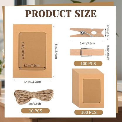 100 Pack Paper Picture Frames, 4x6 Inch Photo Strip Frame Hanging Photo Display Banner, Kraft Photo Holder with Wooden Clips and String for Wall Decor and Party Supplies