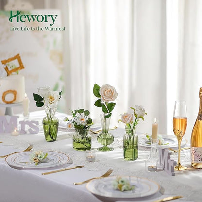 Hewory Small Ribbed Glass Bud Vases Set of 8 Green Flower Vase Centerpieces - Modern Minimalist Cute Mini Decorative Bulk Vases for Wedding Bridal Shower Birthday Party Events Dining Room Table Decor