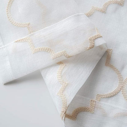 Embroidered Moroccan Tile Lattice Design Gold Sheer Curtains 84 Inch Long, Rod Pocket Sheer Drapes for Living room, Bedroom, 2 Panels, 52"x84", Semi Voile Window Treatments for Yard, Villa, Parlor.