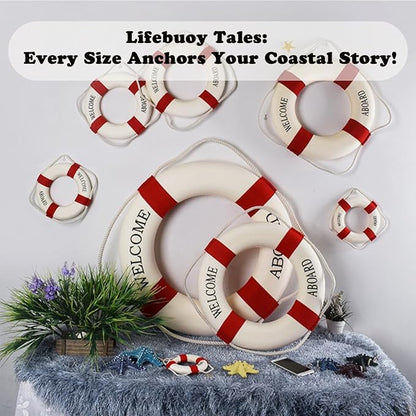 MorroMorn Lifebuoy Wall Hanging Decor - Welcome Aboard Mediterranean Style Home Decoration (Red, 18")