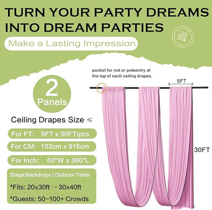 PartyVillage 2 Panels 5ftx30ft Baby Pink Ceiling Drapes for Wedding Parties – 30 FT Extra Long Thick Polyester Wrinkle-Free Drapery Tent Decor Decorations for Birthday Party Ceremony Stage Swag