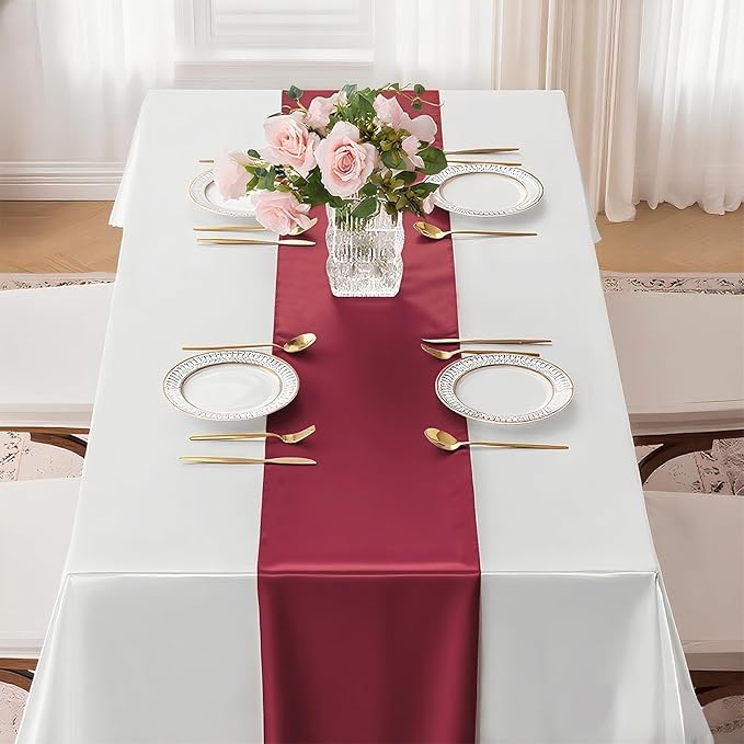 SHEJIZE 20 Pack Wine Red SatinTable Runner 12x108 Inches Long, Bright Silky Smooth Satin Table Runner Table Decor for Wedding Banquet Christmas Prom Event Birthday Party